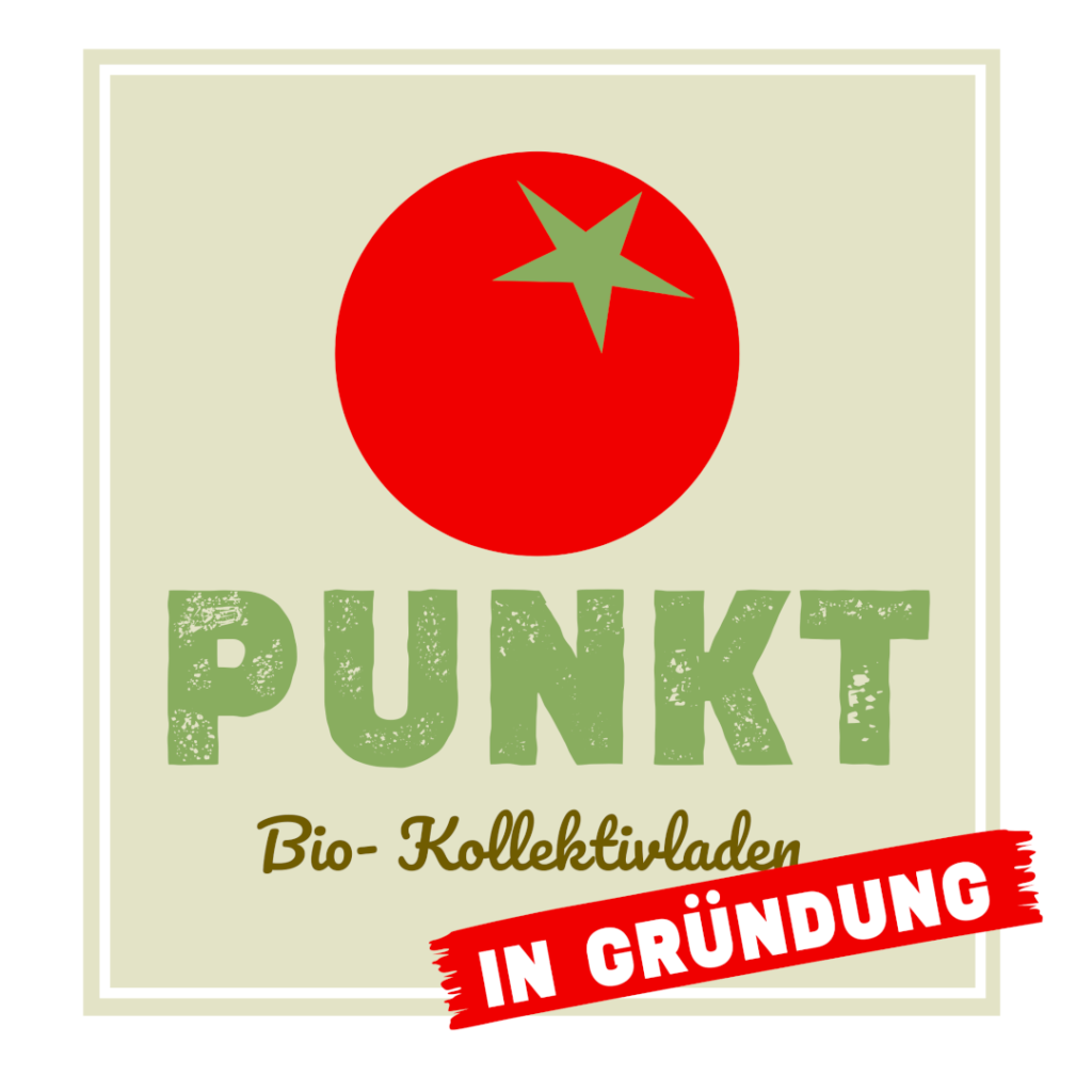 Das Punkt-Logo. Die Tomate mit der Aufschrift: Punkt, Bio- Kollektivladen - in Gründung